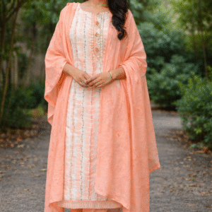 Elegant Peach Cotton Embroidered Ladies Suit Set for Women