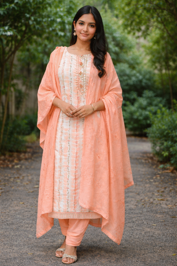 Elegant Peach Cotton Embroidered Ladies Suit Set for Women